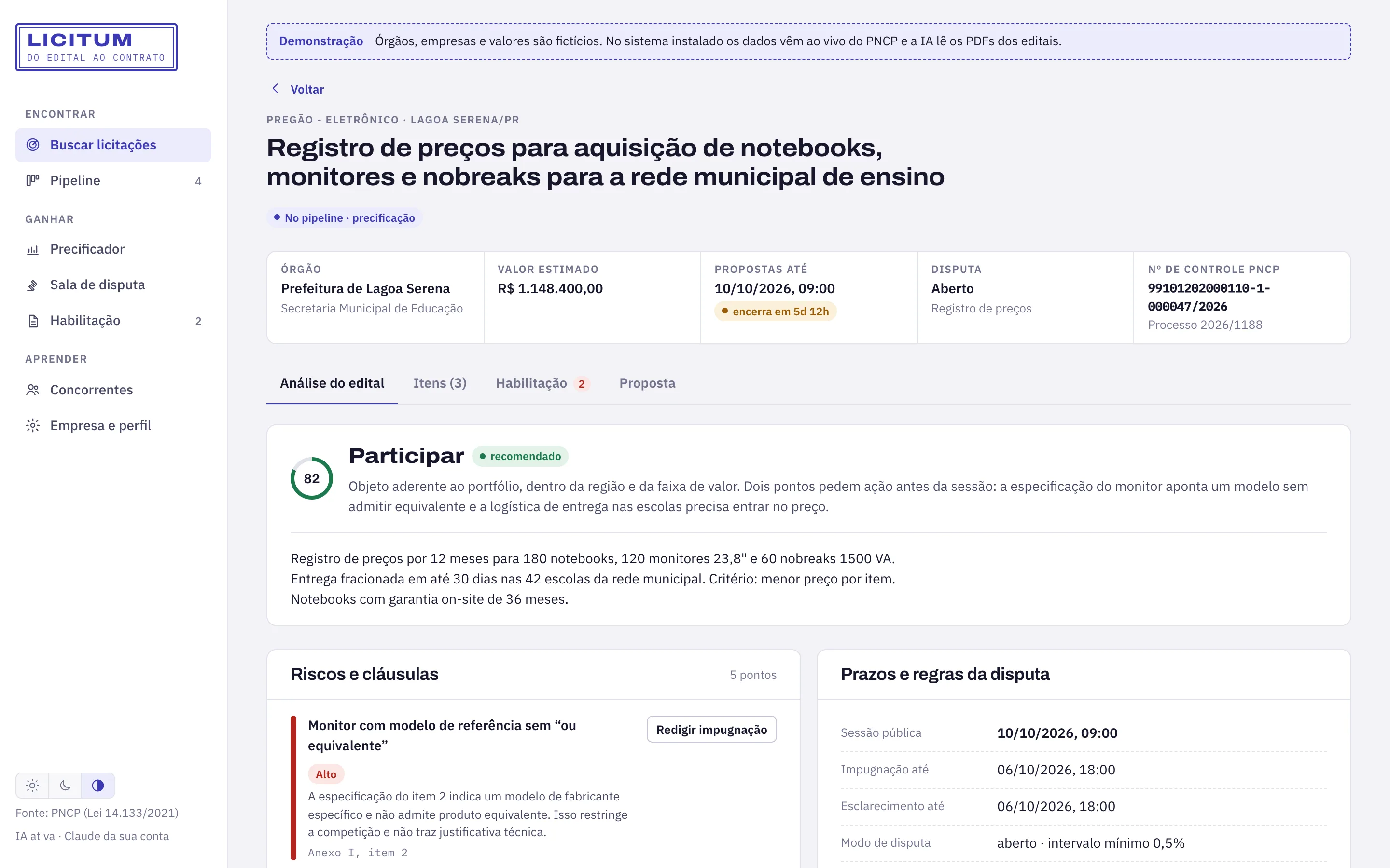 Análise do edital pela IA com decisão de participar e riscos com cláusula citada