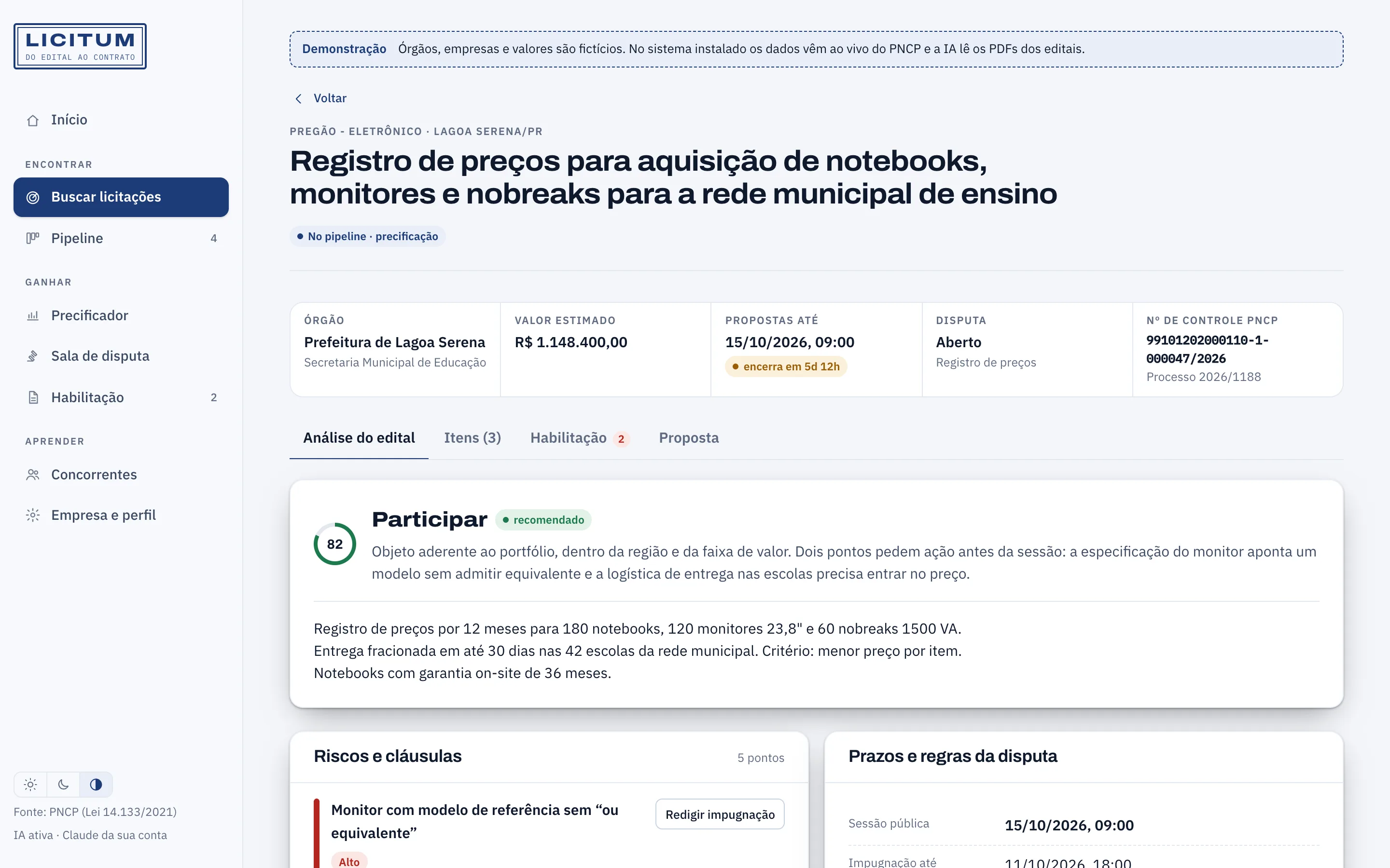 Análise do edital pela IA com decisão de participar e riscos com cláusula citada