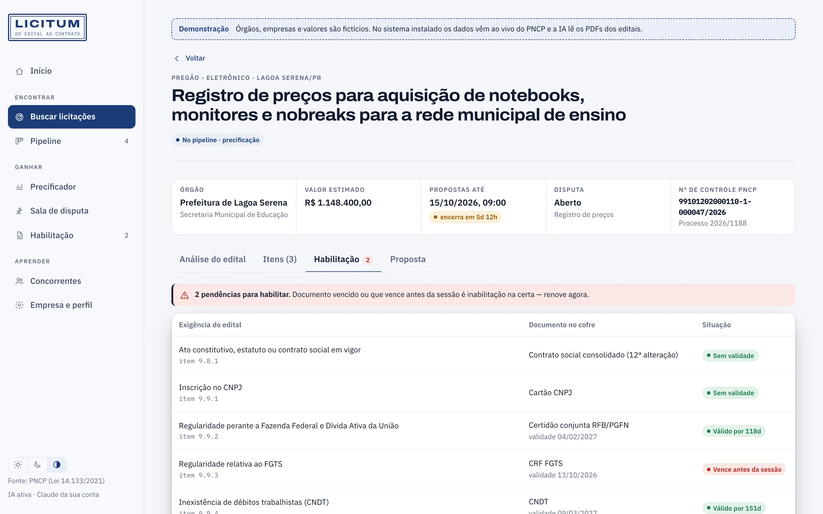Exigências de habilitação do edital cruzadas com as certidões do cofre