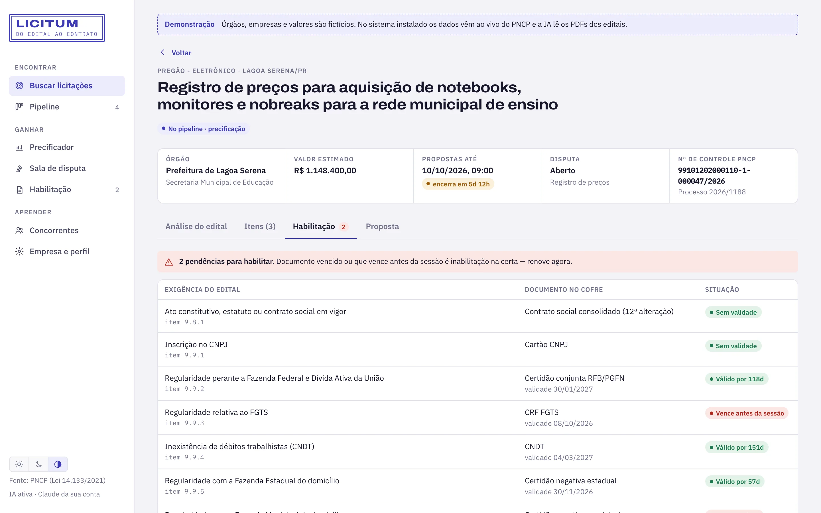 Exigências de habilitação do edital cruzadas com as certidões do cofre