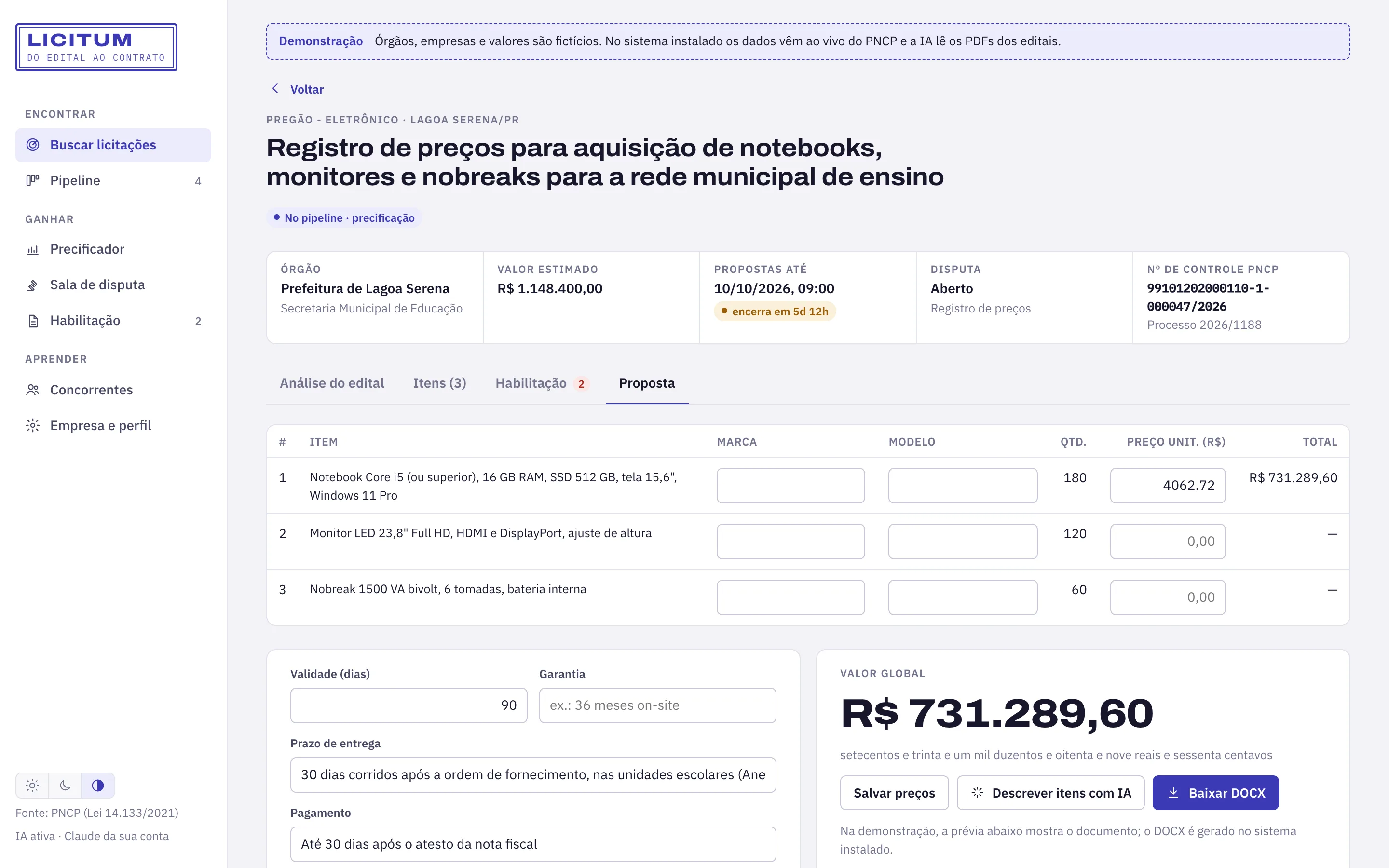 Proposta com itens, valor global por extenso e botão para baixar DOCX